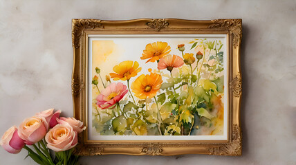 A beautiful bouquet of vintage roses decorates an old wooden photo frame, celebrating the beauty of spring