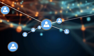 Abstract digital background with colorful glowing lines on a dark blue backdrop. Vector illustration of a computer network structure with a grid pattern and data flow diagram, - Powered by Adobe