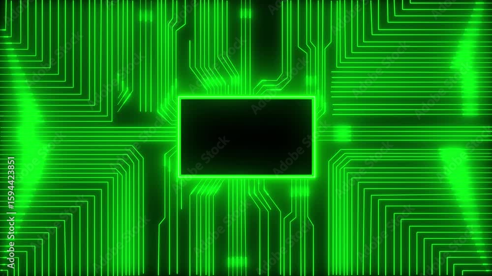 Poster circuit board with blue lines on dark background representing computer technology.