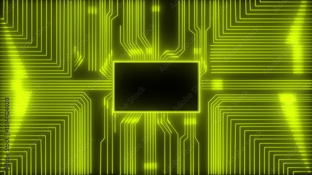 Poster circuit board with blue lines on dark background representing computer technology.