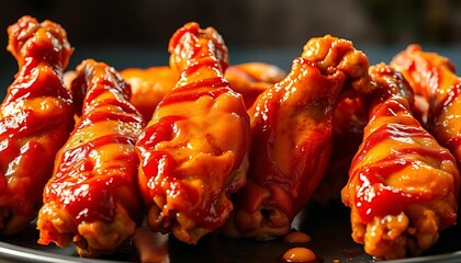 Golden-brown, crispy roasted chicken wings, glistening with oil,  delicious,  honey garlic