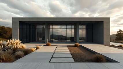 Modern minimalist concrete house with large glass windows and stone path in natural landscape, ideal for architecture portfolios, real estate websites, and design presentations.
