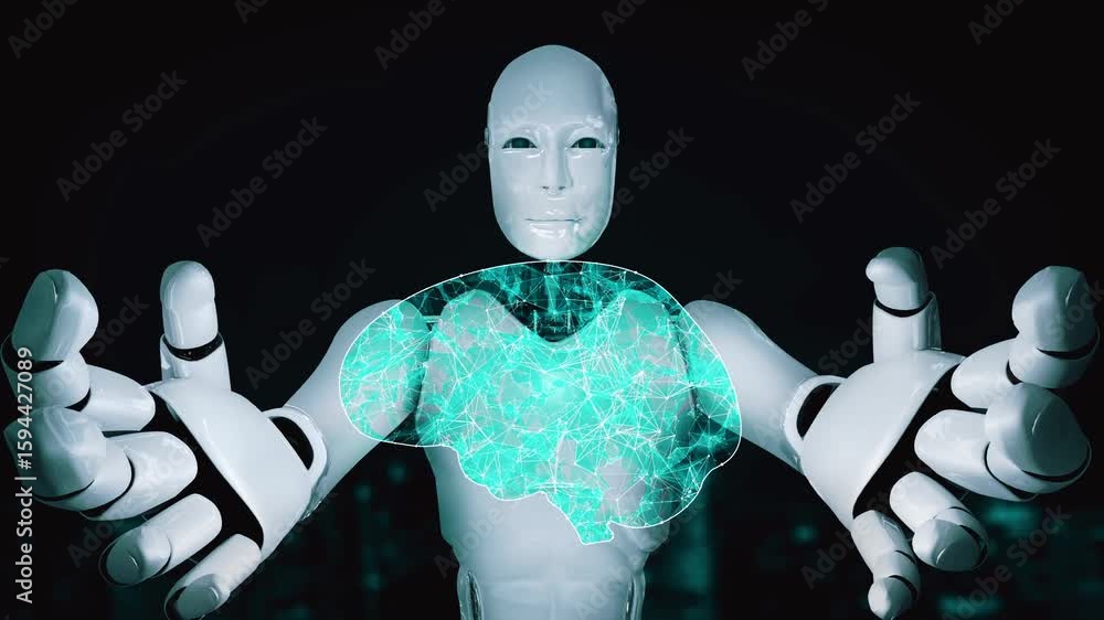 Poster ai hominoid robot holding virtual hologram screen showing concept of big data analytic using artific