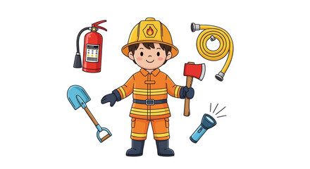 Cute cartoon firefighter character for kids, with fire safety equipment including an axe, extinguisher, hose, shovel, and flashlight