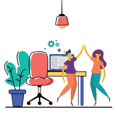 Woman sitting in cafe working on laptop in business setting vector illustration