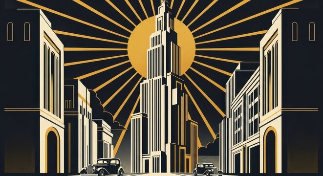 Art Deco Cityscape Vintage Cars