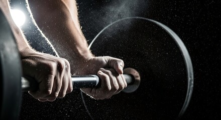 Close-up of a person's hands gripping a barbell with chalk dust in the air, against a dark background.