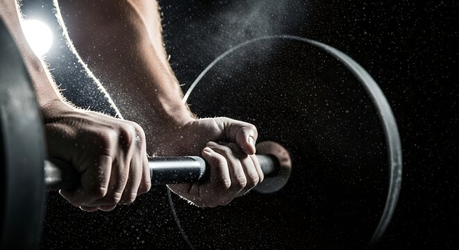 Close-up of a person's hands gripping a barbell with chalk dust in the air, against a dark background.
