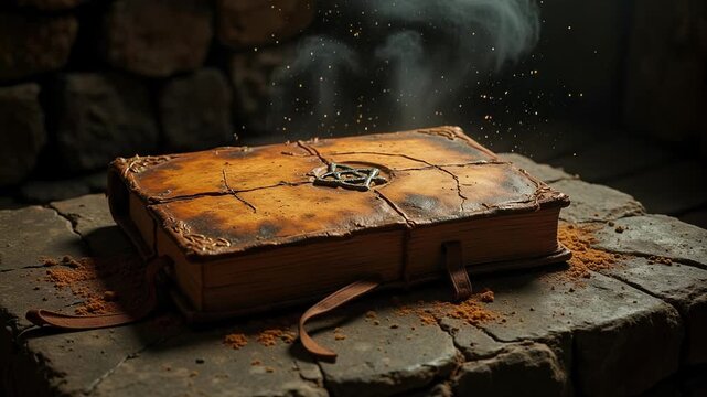 Experience the dark atmosphere of an ancient, leather-bound book featuring a pentagram on its cracked cover resting upon a weathered stone altar in 4k footage.