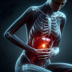 Digital illustration showing human liver pain and anatomy with highlighted organ.
