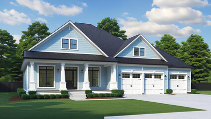 A new residential brick house with a red roof and many windows sits on a grassy hill under a sunny sky