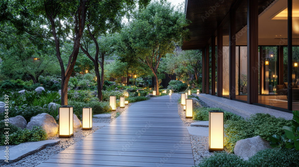Poster serene pathway illuminated by lanterns, surrounded by lush greenery and modern architecture