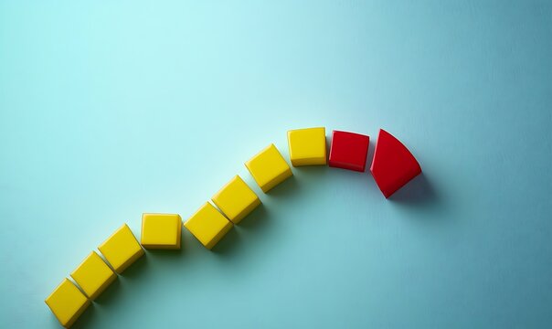 Rise and fall arrow graph. A sharp turn, unexpected updates. Reaching a peak and then gradually falling. Change course.