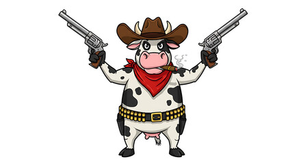 cartoon cowboy cow character holding two guns. Dressed with a hat, bandana, and cigar, ready for a wild west duel. Isolated on white.