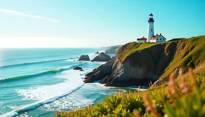 Peaceful coastal scene showcases a lighthouse on a cliffside with ocean waves and a bright blue sky.