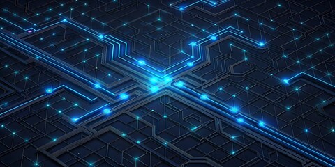 Intricate blue glowing circuit board pathways create a futuristic digital landscape for technology.