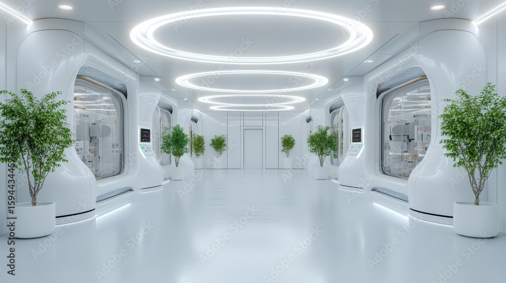 Poster futuristic clean robotics lab with sleek design and greenery enhancing atmosphere
