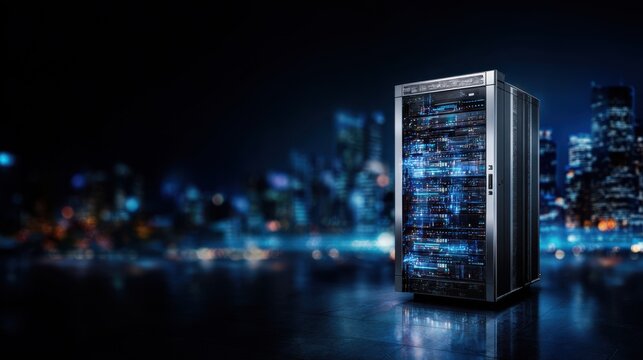 A futuristic data server illuminated against a vibrant city skyline, showcasing the essence of modern technology and connectivity in an urban environment focused on innovation.