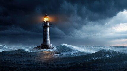 A striking lighthouse stands resilient against roaring waves and turbulent skies, its light cutting through the darkness, symbolizing guidance and hope in challenging times.