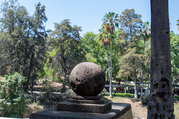 Stone ornament in foreground with forest view and palm trees in the background at Colomos Forest,...