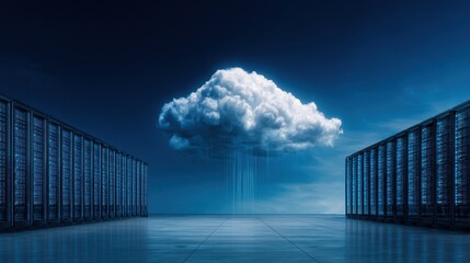 A visually striking representation of cloud computing, showcasing towering servers with a digital cloud above, signifying data transfer and modern technology's evolution in a sleek