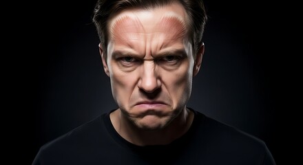Fototapeta premium Close-up of a man with a furrowed brow, expressing anger and frustration against a dark background.