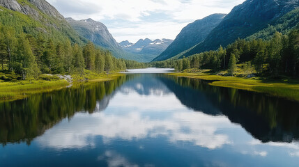 Fototapeta premium Tranquil lake reflecting mountains and lush greenery under clear sky