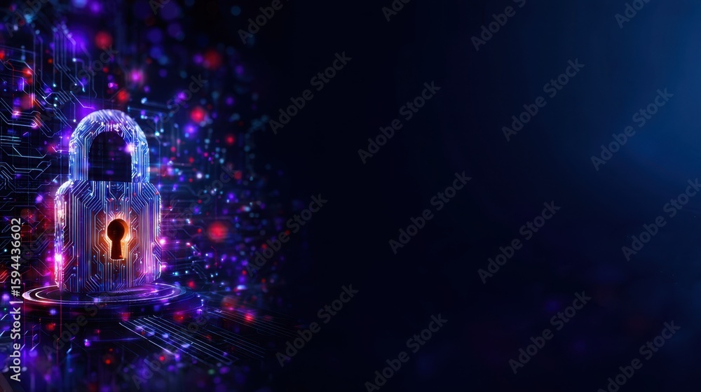 Poster a vibrant depiction of a digital padlock surrounded by a swirling array of neon colors and circuit p