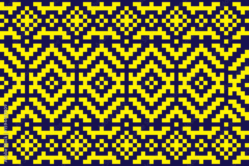 Poster abstract geometric pattern with repeating diamond and zigzag shapes in yellow and blue design