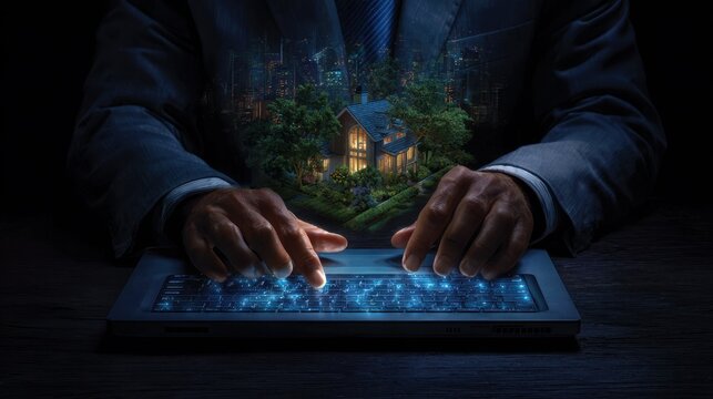 A businessman?s hands hover over a glowing keyboard, manifesting a charming house surrounded by nature, symbolizing the intersection of technology and dreams in modern urban life.
