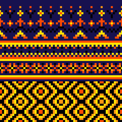 Geometric pixel art pattern featuring tribal inspired motifs in shades of orange yellow and blue