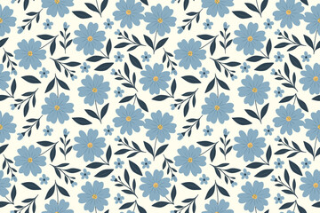 Seamless floral pattern with soft blue flowers, yellow centers, and dark green leaves on a light cream background. Perfect for fabric, stationery, or spring design.