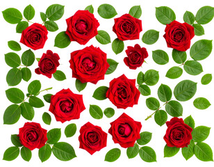  Top View of Red Roses with Green Foliage, Spring Floral Composition Transparent Background PNG
