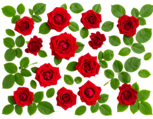  Top View of Red Roses with Green Foliage, Spring Floral Composition Transparent Background PNG