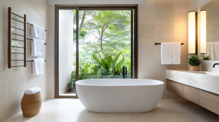 Modern bathroom with standalone tub, large window, and lush greenery outside, creating serene
