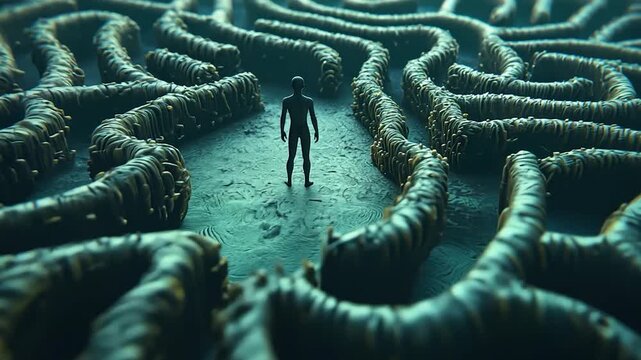 Abstract maze with textured pathways and a single figure