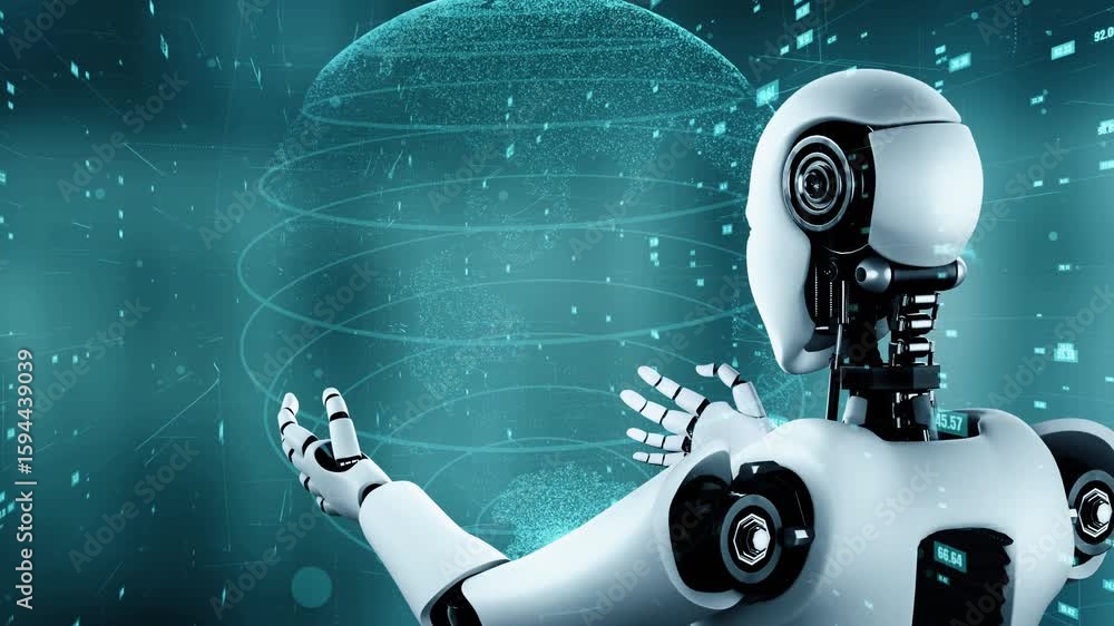 Poster futuristic robot artificial intelligence huminoid ai data analytic technology development and machin