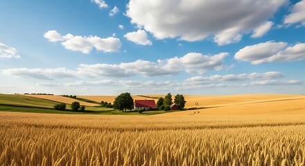 Fototapeta premium Golden wheat field under a vibrant sky, showcasing a charming farmhouse nestled amongst rolling hills.