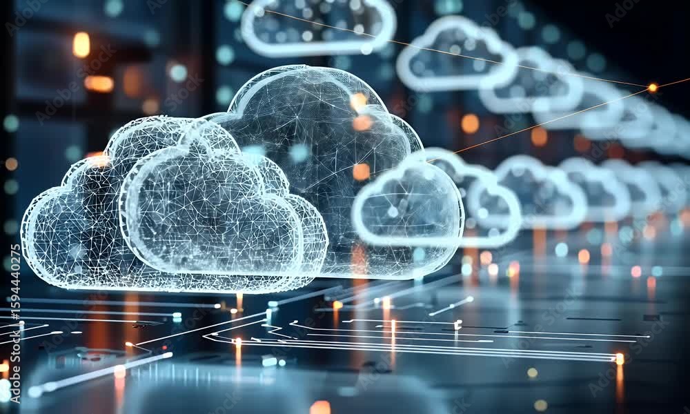 Poster a digital artwork depicting cloud computing technology with glowing clouds and devices connected to 