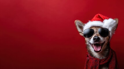 Meet the coolest pup this holiday season! Dressed in sunglasses, a Santa hat, and a cozy scarf, this furry friend is ready to spread Christmas cheer.