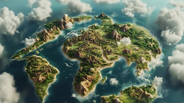 Aerial view of a vibrant fantasy island landscape with lush greenery and dramatic mountains