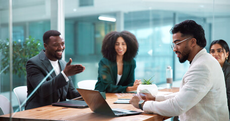 Happy, laptop and business people in meeting in office for collaboration with finance budget planning. Discussion, corporate and financial managers with review for investment proposal in workplace.