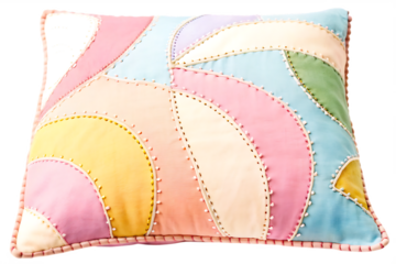 colorful patchwork pillow with unique stitched pat isolated on white background PNG, AI GENERATED