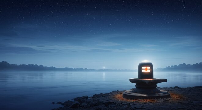 Midnight blue to ice blue gradient with digital illustration of Shivling on riverbank under moonlight and stars