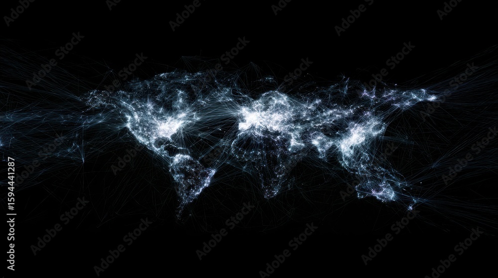 Poster this captivating image portrays a network of light across a dark world map, symbolizing global conne