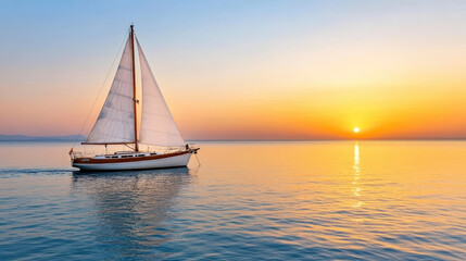 Fototapeta premium Sailing yacht gliding across calm waters at sunset, creating serene atmosphere