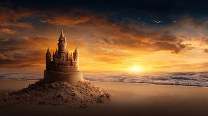 Obraz premium A stunning sandcastle stands proudly on the beach, illuminated by the warm glow of the setting sun, with gentle waves lapping at the shore in the background.
