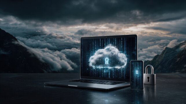 This image illustrates the essence of cloud security, featuring a laptop and smartphone displaying a locked cloud symbol, ensuring your data remains safe and protected.