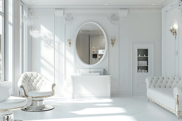 Elegant white beauty salon interior with ornate furniture and large mirror