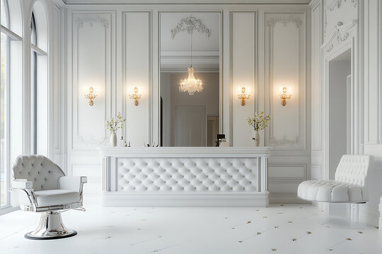 Elegant white reception area with ornate details and luxurious seating